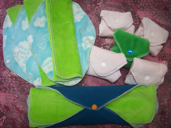 Set of 9 MamaBear LadyWear Quick-Dry cloth menstrual pads - COTTON VELOUR - Heavy, Medium & Light Flow